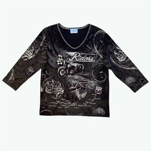 Cactus Bay Charcoal Gray Lady Rider Bling 3/4 Sleeve Graphic Knit Top, XL